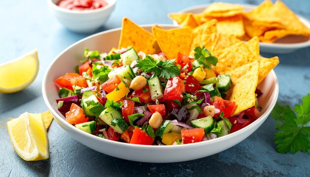 Fresh fattoush salad with crispy pita chips and vegetables, colorful healthy Arabic cuisine