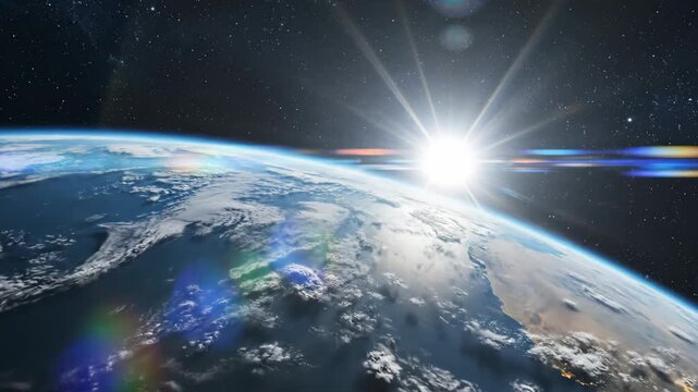 Earth Sunrise from Orbit View of Planet Surface with Glowing Lens Flare in Space