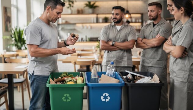 Medium shot of a trainer demonstrating waste separation techniques using compost recycling and landfill bins in a zerowaste restaurant staff training session.