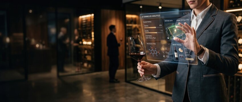 Man in suit examining holographic wine data in cellar with blurred sommelier