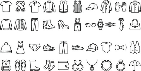 Large fashion and clothing line icons set featuring apparel accessories footwear jewelry and seasonal garments like shirts dresses shoes hats and bags for retail web design vector illustration.
