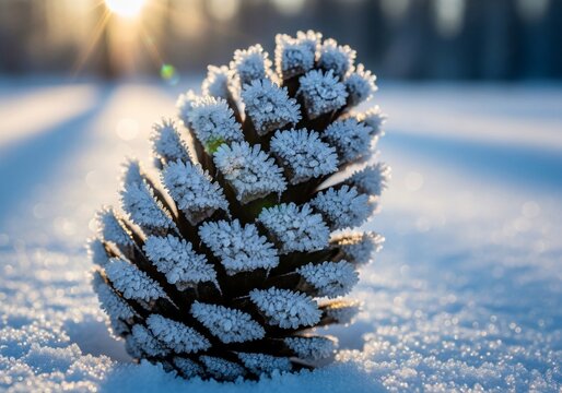 Frosted pinecone on snow with sun rays, close-up, winter season, frosty nature detail.