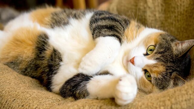 Calico cat lying on its back on a brown blanket, looking at the camera with green eyes