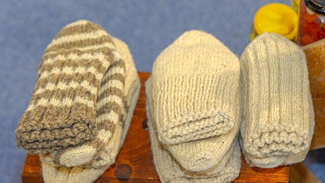 Pairs of Knitted Sheep Wool Socks Traditional Warm Winter Clothing