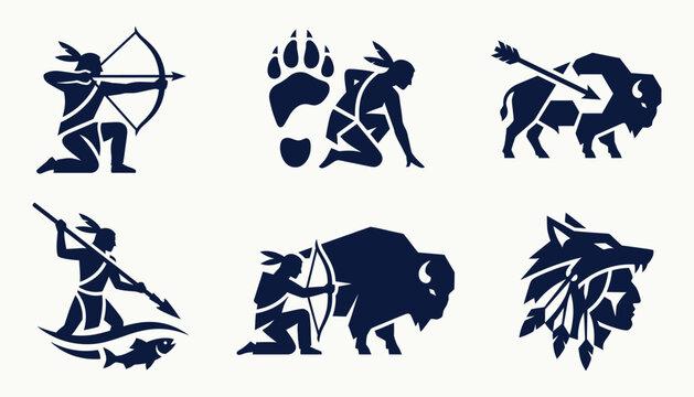 Native American indigenous hunter silhouette vector icons for tribal heritage and outdoor brand