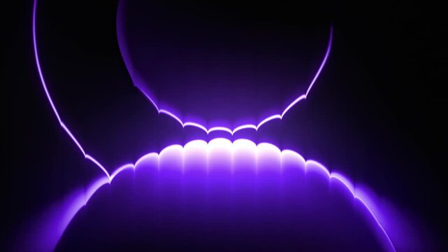 Vibrant purple plasma arcs flowing between two glowing spheres in a dark space environment representing high energy electrical discharge and science.