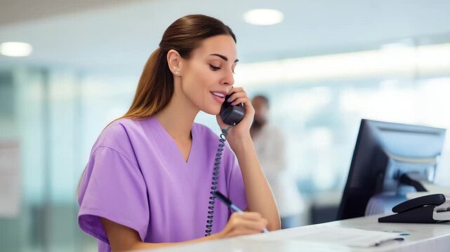 Professional clinic assistant in purple medical scrubs taking phone call and writing patient notes at bright healthcare front desk clinic assistant, medical receptionist, healthcar
