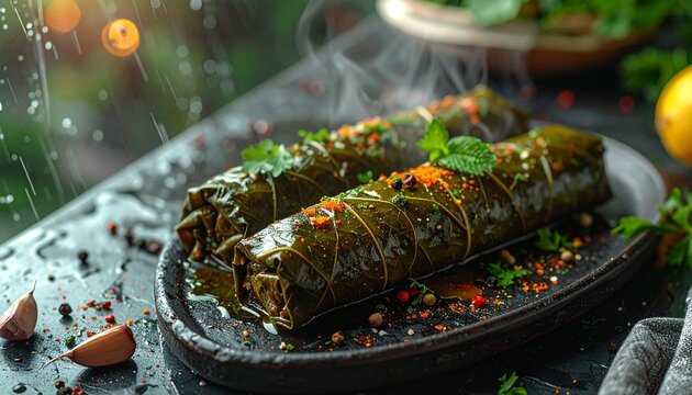 Steaming Mediterranean Dolma Stuffed Grape Leaves with Herbs and Spices on Dark Plate