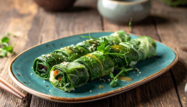 Healthy Vegan Collard Green Wraps with Fresh Vegetables and Sesame Seeds on a Rustic Blue Plate