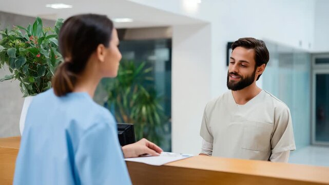 Healthcare worker checking in at clinic reception desk with male front desk assistant in bright modern medical office interior healthcare check in, clinic receptionist, medical fro