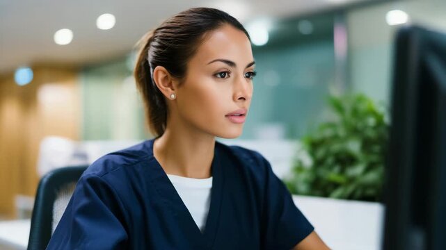 Professional clinic assistant concentrating at computer workstation in bright medical office, modern healthcare administration scene clinic assistant, medical office worker, health