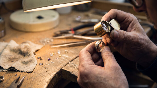 Skilled jeweler examines a silver ring with a magnifying glass loupe at his workbench in a small boutique workshop.