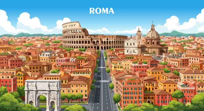 A vibrant illustration of Rome, Italy, showcasing the iconic Colosseum, Arch of Constantine, and bustling cityscape under a bright blue sky