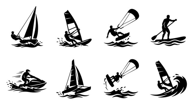 Water sports icons featuring various activities.