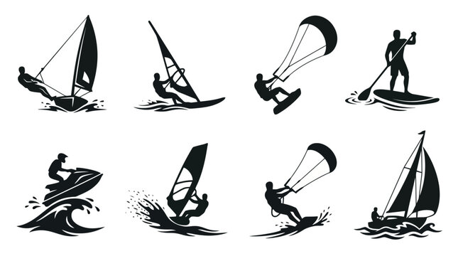 Black silhouette icons of various water sports.