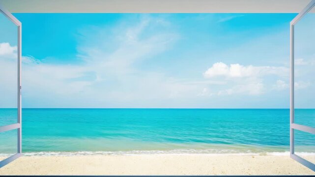 Tropical beach view through open windows framing a summer vacation ocean scene that evokes calm