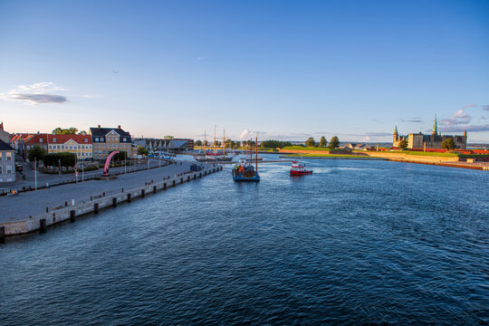 Panoramic view of Helsingor harbor and Kronborg Castle, Denmark
