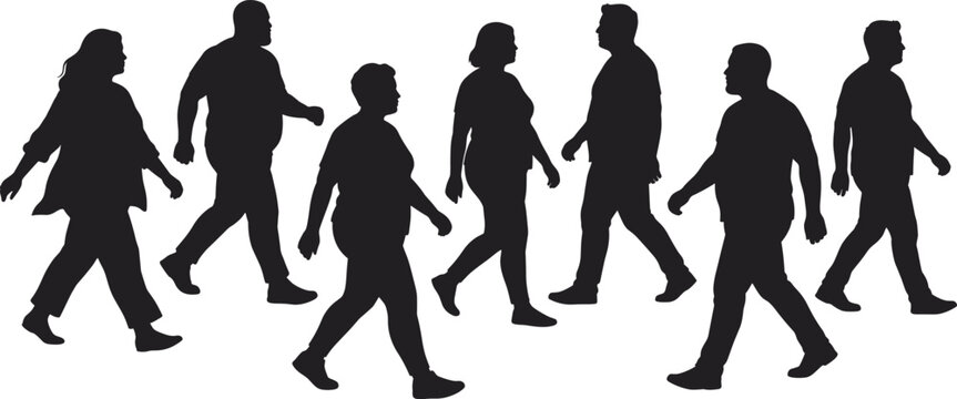 Collection of black silhouettes featuring a diverse group of people walking in casual clothing isolated on white background for urban lifestyle concepts