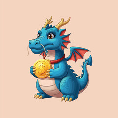 Fototapeta premium Blue dragon holding gold coin.