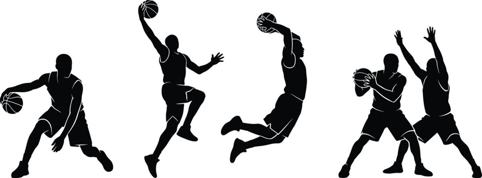 Set of basketball player silhouettes featuring athletes dribbling jumping for slam dunks and playing defense isolated on white background