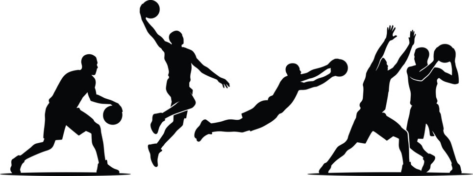 Set of basketball player silhouettes featuring athletes in action poses including dribbling jumping for slam dunks and playing defense