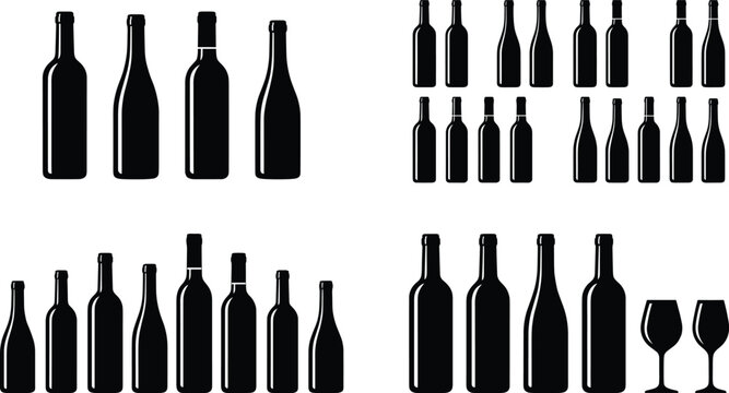Large set of black wine bottle silhouettes and wine glasses featuring various bottle shapes for winery branding and restaurant menus