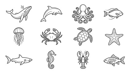 Obraz premium Black and white line art set of various sea creatures including fish, dolphins, octopus, jellyfish, crustaceans, and mollusks in a minimalist style on a white background