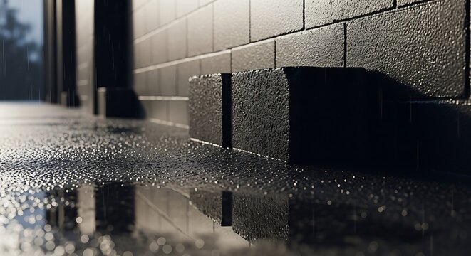 Macro view of textured cinder block wall reflecting in a rainy puddle, integrated with the organic, rugged bark texture reminiscent of cinchona bark.