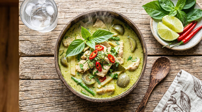 Authentic thai green curry with chicken on a rustic wooden table.