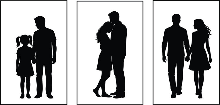 Set of black silhouettes featuring a father and daughter holding hands and romantic couples hugging and walking for family and relationship concepts