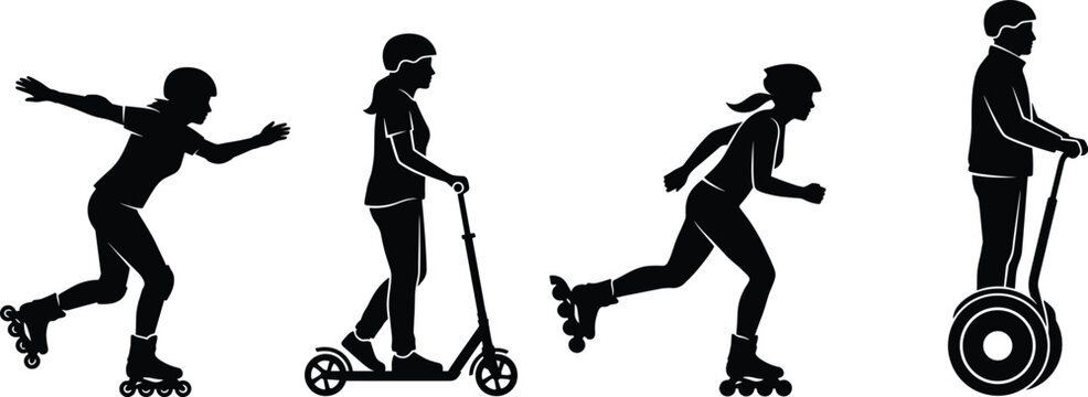Set of black silhouettes featuring people on rollerblades a kick scooter and a self balancing electric scooter isolated on white