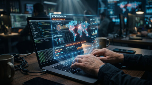 Cinematic view of a person typing on a laptop with a virtual network overview and threat level interface on the screen.