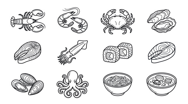 A black and white line drawing set of various seafood items including lobster, shrimp, crab, clams, mussels, squid, octopus, sushi, and bowls of seafood chowder in a sketchy artistic style o