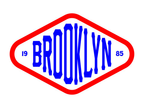 Vintage Brooklyn 1985 college style typography logo in red and blue diamond frame.