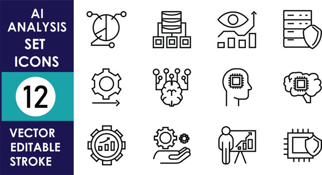 Minimal AI analytics and technology icon set featuring neural networks, automation, cybersecurity, machine learning, data processing, computer vision, robotics, and vector interface symbols