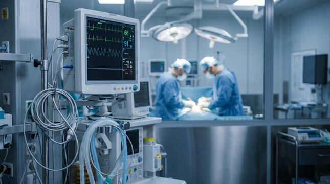 Close-up of advanced medical monitoring equipment inside a modern hospital intensive care unit with blurred surgeons performing surgery in the background.