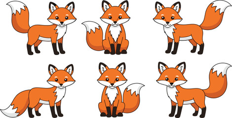 Fototapeta premium Cute Cartoon Red Fox Character Set with Six Different Poses and Expressions for Childrens Nursery Decor, Kindergarten Educational Materials, and Playful Woodland Animal Branding