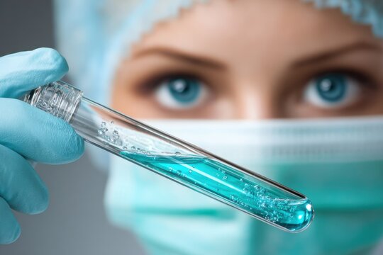 A person in a lab coat and gloves is focused on a test tube filled with blue liquid, showing concentration while conducting experiments