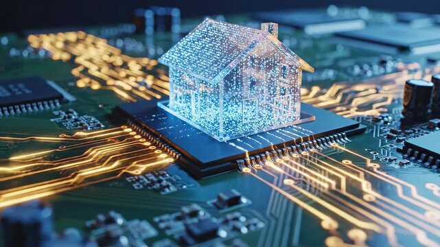 Transparent Glass House Model on Motherboard with Glowing Circuit Data Flow
