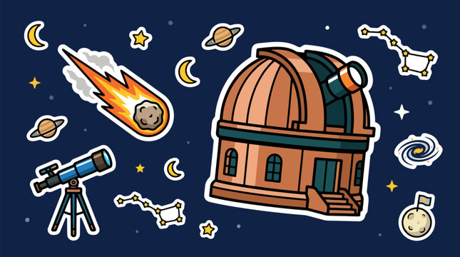 A charming illustration of an observatory building with a telescope, a comet, planets, and constellations against a starry night sky.