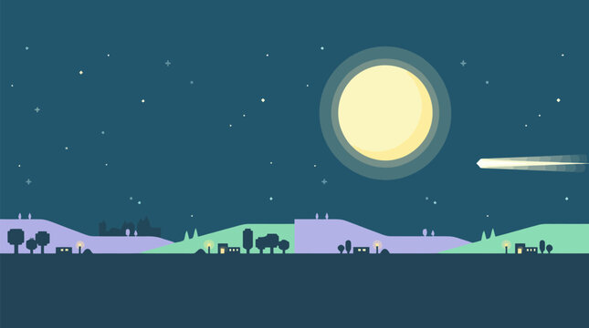 A serene night landscape with a large full moon, a streaking comet, and a charming village nestled among rolling hills under a starry sky.
