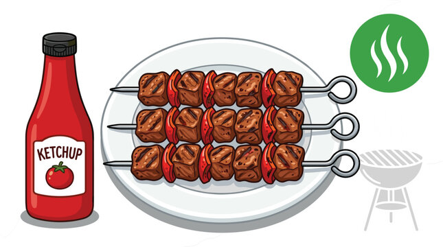 Grilled meat beef kebab skewers on white plate with tomato ketchup bottle and barbecue cooking icons for summer picnic and restaurant menu design vector illustration.