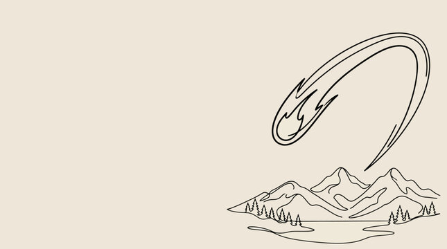 A dramatic illustration depicts a fiery meteor streaking across the sky, leaving a fiery trail as it descends towards a serene mountain landscape with a lake and pine trees.