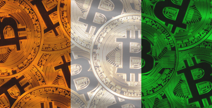 Ivorian flag with Bitcoin in the background. Bitcoin cryptocurrency with Ivory Coast flag, Investors in Blockchain Technology