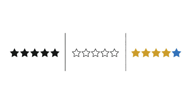 Illustrative comparison of five black solid stars, five empty outline stars, and five vibrant colorful stars demonstrating a rating system and customer feedback evaluation.