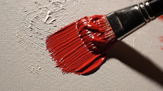 Artist Applying Thick Red Oil Paint to Canvas with a Flat Brush