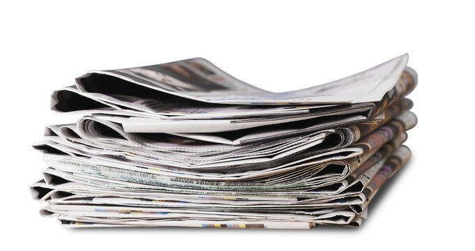 Stack of folded newspapers on white transparent background. Papers show headlines and images. Ideal for news, journalism, or information themes