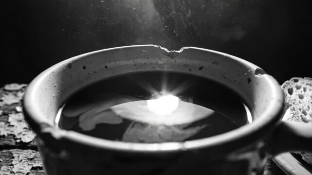 Black and white close up of steaming coffee mug on weathered wood surface illuminated by bright light with bread