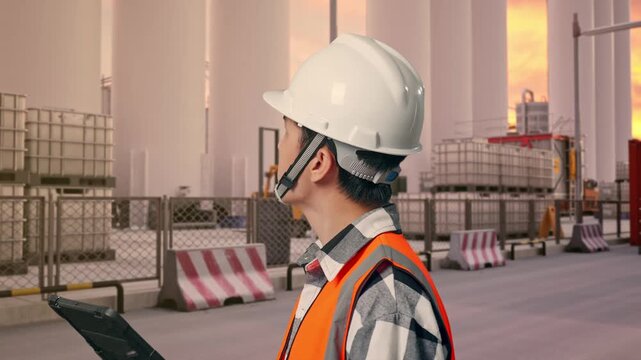 Close Up Side View Of Asian Male Engineer With Safety Helmet Looking At The Tablet In His Hand And Looking Around While Standing at Storage Facility with IBC Totes, Large Silos at Sunset