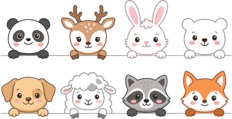 Naklejka premium Adorable Baby Animal Face Collection Featuring Panda Deer Bunny Bear Dog Sheep Raccoon and Fox Characters